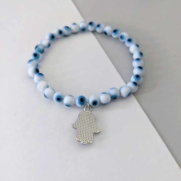 Evil Eye Beaded Stretch Bracelet with Hamsa Hand | Handcrafted - Picture 4 of 5